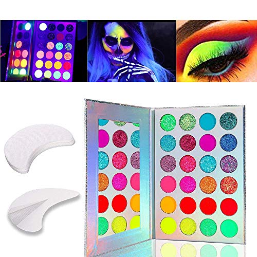 Kalolary Paleta de sombras de ojos luminosas de neón de 24 colores, Sombra de ojos mate y brillante UV Glow Blacklight que brilla en la oscuridad, Con 20 almohadillas de gel de sombra de ojos