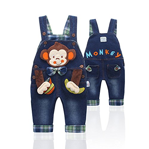 Kidscool Baby Cotton 3D Cartoon Monkey Botones Pocket Denim Overol Azul, 6-12 Meses