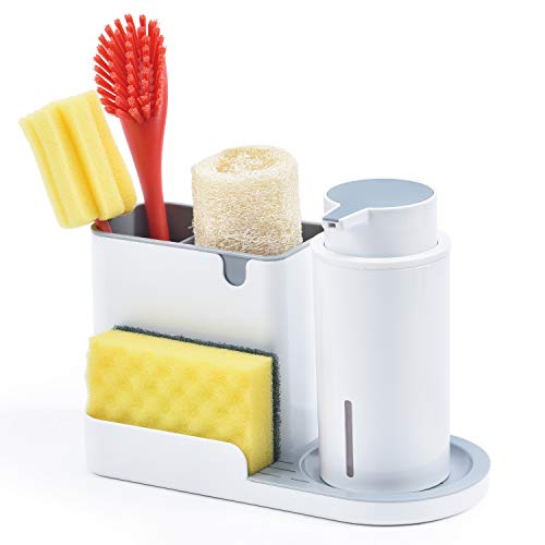 Kingrack,Set Organizador Cocina, Jabonera de Cocina, Dispensador de Detergente,Cocina lavavajillas Esponja de Almacenamiento Estante, ABS,24.5 x 13.5 x 13 cm