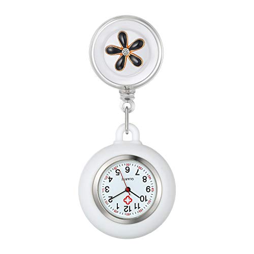 Lancardo Reloj Enfermera con Decoración Floral Reloj de Bolsillo para Médico Flor Elegante Movimiento Cuarzo NO Impermeable Clip Broche Longitud Estirable Flor Negro