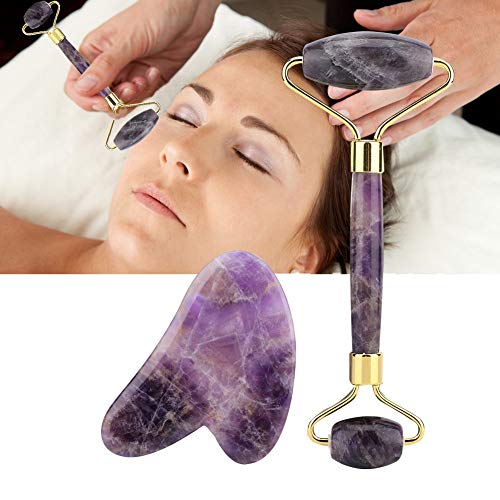 Leinggg Masaje de la Herramienta Kit-Jade Natural Grupo de Rodillos de Amatista Cabeza del Doble de la Piedra del Jade del Rodillo y el desguace de Guasha Placa Frontal Kit de Herramientas de Masaje