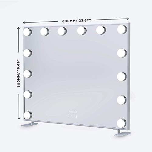 MELUR Espejo De Maquillaje Hollywood, Profesional Espejo de Tocador con Luz LED Táctil Inteligente Espejo Cosmético con 14 Piezas Bombillas Brillo de 3 Modos De Color (Plata)