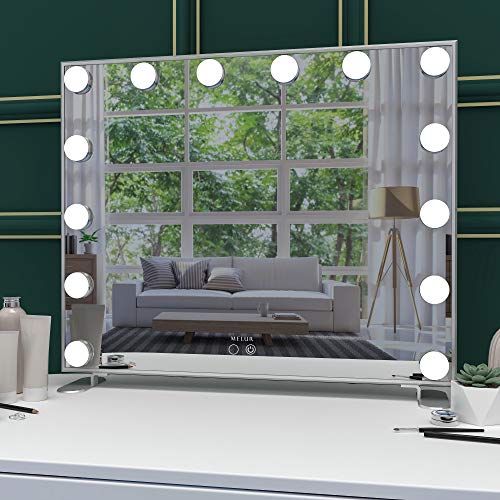 MELUR Espejo De Maquillaje Hollywood, Profesional Espejo de Tocador con Luz LED Táctil Inteligente Espejo Cosmético con 14 Piezas Bombillas Brillo de 3 Modos De Color (Plata)
