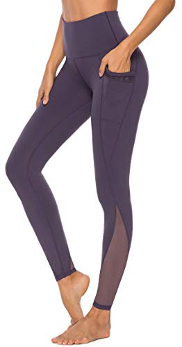 Persit - Mallas deportivas para mujer con bolsillos, opacos, largos, de deporte, con inserciones de malla morado 40