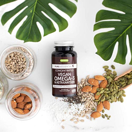 Pure & Essential Omega-3 de Aceite de Algas Vegano (DHA + EPA 600 mg) y Astaxantina, 60 cápsulas