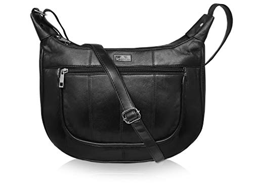 Quenchy London Bolso de Mano de Cuero Suave Negro Para Señora - 5 Bolsillos con Cremallera - 2 Grandes Secciones Principales con Cremallera y Bolsillo Para Paraguas - QL174K
