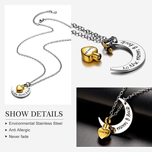 Richsteel Personalizable Color Oro Colgantes para Cenizas Perfume Guardapelo Luna Corazón Colgante Collar de Acero Inoxidable con baño de Oro Gratis Caja de Regalo