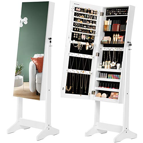 SONGMICS Armario para Joyas, Armario Joyero con 2 Organizadores de Cosméticos, Armario de Pie, Espejo sin Marco, con Cerradura y Llaves, para Pedientes, Collares, Blanco JJC002W01