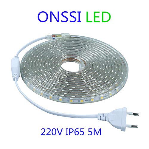 Tiras LED SMD5050 60 Led/m 220v (5 Metros) Luz Fría 6000k Ip65 Impermeable Con Enchufe ONSSI LED