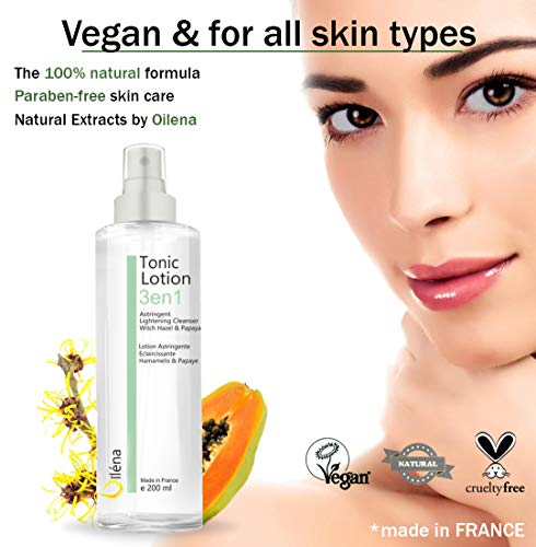 Tonico Limpiador facial Tonico facial astringente y aclarante con Agua de Hamamelis y Papaya para la piel mixta, seca, sensible y grasa Locion desmaquillante cara y ojos 200 ml