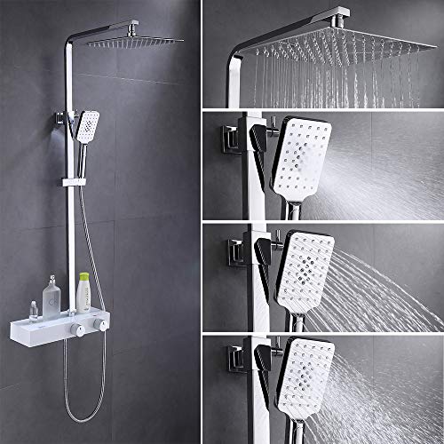 Umi. by Amazon - Columna de Ducha Rectangular con Estante de Almacenamiento 3 Tipos de Chorro Altura Regulable 950 – 1250mm Moderno y Práctico