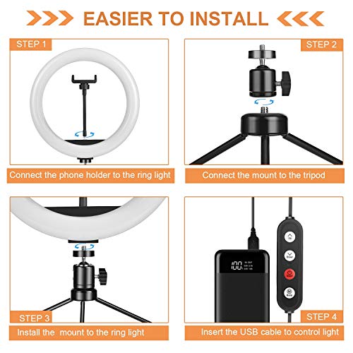 UPhitnis Luz de Anillo LED 10" fotográfica de Escritorio, 3 Colores 10 Brillos Regulables Control Remoto, Trípode con Soporte Giratorio de teléfono para Selfie, Maquillaje, Youtube, TIK Tok