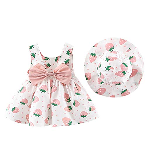 Vestidos de niñas, Allskid 0-4 años de Edad Bebé Niñas Verano Sin Mangas Fresa Impreso Bowknot Princesa Dulce Playa Vestir Baby Girls Dress con Sombrero (110CM/3-4 Years, Rosa)