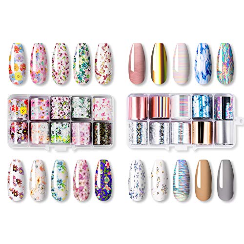 VOXURY Nail Art Foil, 2pcs Glue Gel 20 colores Nail Stickers Tips Wraps Foil Transfer Sticker Glitters Kit de decoración para manicura Acrílico DIY Decoración