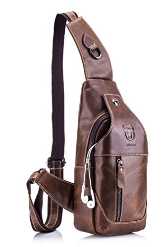 WeeDee - Bolso Hombre Pequeña Piel, Mochila de Cuero Autentico, Bolsos de Hombro y Pecho, Bolsos Bandolera, Bolsa Resistentes al Agua Para Escolare Ciclismo Senderismo (Marrón)