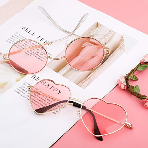 2 Pares Gafas Hippie Gafas de Sol en Forma de Corazón, Redondas Retro Gafas para Los Accesorios De Disfraces Hippie, Gafas Vintage con 2pcs Paño de Gafas, Marco Dorado Rosa