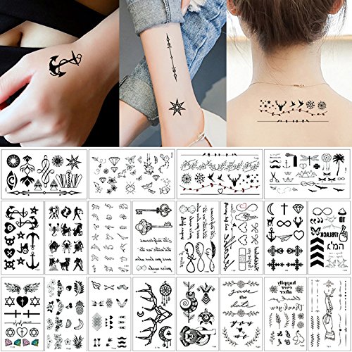 20 hojas de pequeños tatuaje temporales negros, adhesivos para el cuerpo, manos, cuello o muñeca.
