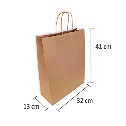 200 Bolsas Papel Kraft 32+13x41cm. con asa de Papel Rizado.