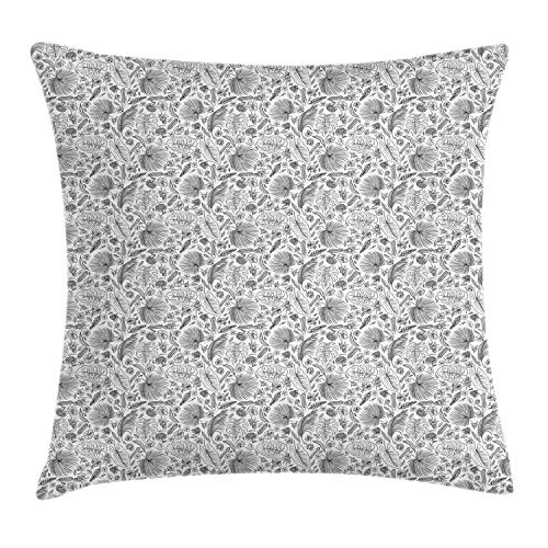 ABAKUHAUS Filodendro Funda para Almohada, Esquema Tropic follaje, Decorativo, Estampado en Ambos Lados, 40 x 40 cm, del Gris y Blanca