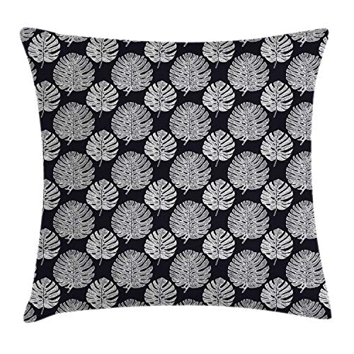 ABAKUHAUS Filodendro Funda para Almohada, Modernistic Hojas Arte, Colores Perdurables Tela Lavable, 60 x 60 cm, del Gris y Blanca