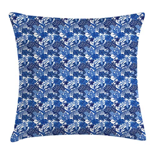 ABAKUHAUS Filodendro Funda para Almohada, trópico de Hoja, Decorativo, Estampado en Ambos Lados, 50 x 50 cm, Cobalto Azul Blanco