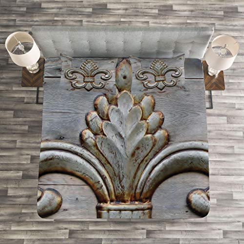 ABAKUHAUS Flor de lis Cubrecama, Símbolo Antiguo Lirio en Vieja Tablas de Madera Anejadas Imagen Tema Histórico, Lavable Colores Firmes, 220 x 220 cm, Marrón