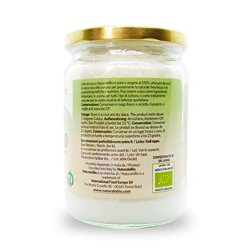 Aceite de Coco Ecológico Extra Virgen 500 ml. Crudo y prensado en frío. 100% Orgánico, Puro y Natural. Aceite bio nativo no refinado. País de origen Sri Lanka. NaturaleBio