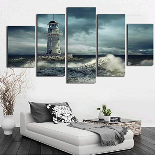 ALIANSHUO Cuadros Lienzo Arte De La Pared Cuadros Decoración Moderna para El Hogar Impresiones En Alta Definición Cartel 5 Piezas Faro Nublado Rough Wave Seascape Painting