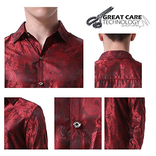Allthemen - Camisa de cachemira para hombre, de seda jacquard, camisas de vestir de manga larga, cuello con botones y camisas de esmoquin casuales Rojo rojo vino L