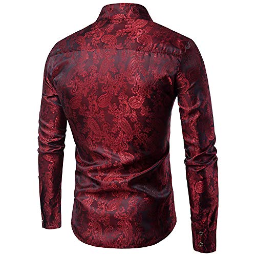 Allthemen - Camisa de cachemira para hombre, de seda jacquard, camisas de vestir de manga larga, cuello con botones y camisas de esmoquin casuales Rojo rojo vino L
