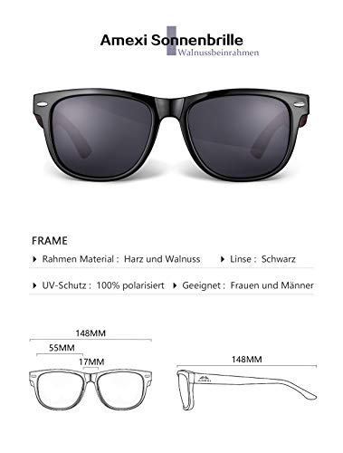 AMEXI Gafas de Sol en Madera, Gafas sol Hombre Mujere polarizadas, UV400 Protection (Gris)