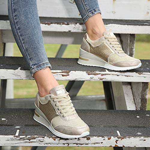Anjoufemme Zapatillas Deportivas Plataforma Cuña Mujer, Oro (Gold), 36 EU