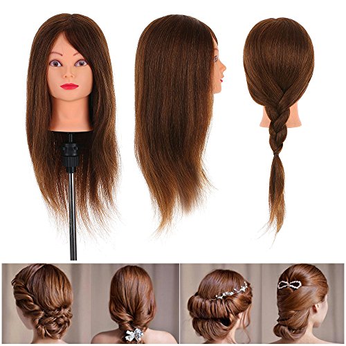 Anself - Maniquí de Cabeza, Color Castaño Oscuro(con soporte),para Aprendizaje Práctica de Peluquerías