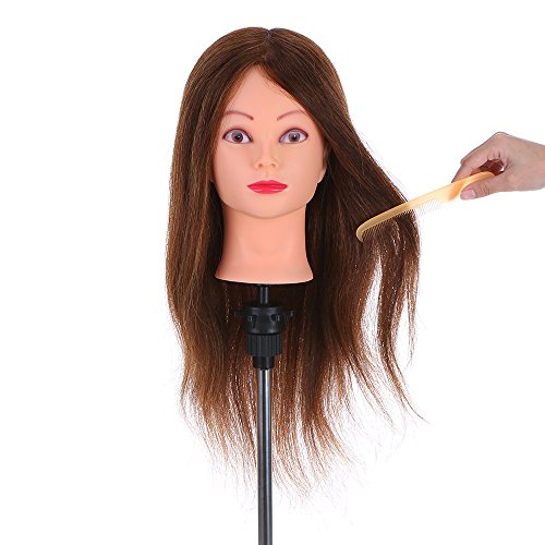Anself - Maniquí de Cabeza, Color Castaño Oscuro(con soporte),para Aprendizaje Práctica de Peluquerías