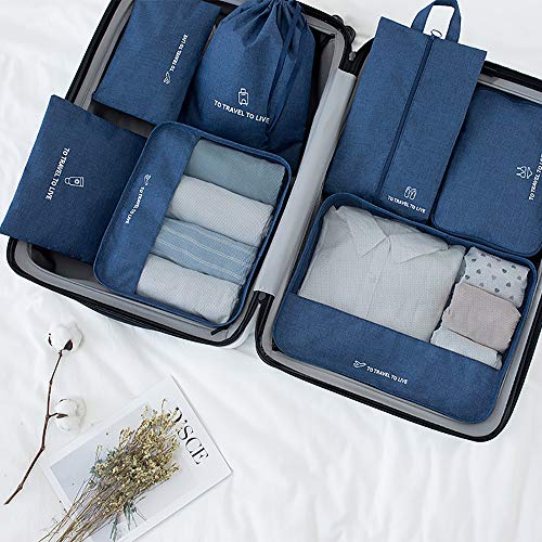 Baomasir - Juego de 7 piezas de bolsas de viaje, organizador de equipaje con bolsa para ropa, bolsa para zapatos, bolsa de cosméticos, bolsa de viaje (azul oscuro)