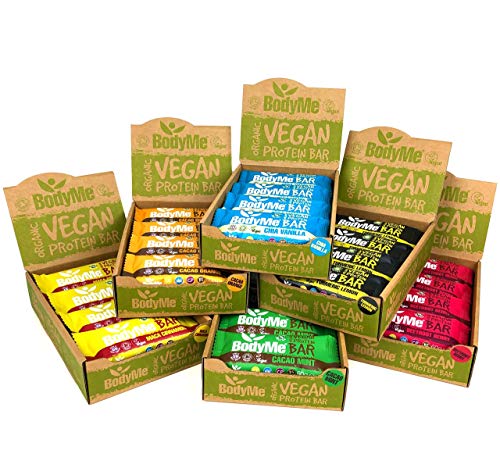 BodyMe Barritas Proteinas Veganas Organica | Crudo Cacao Naranja | 12 x 60g Barra Proteina Vegana | Sin Gluten | 16g Proteína Completa | 3 Proteina Vegetal | Aminoacidos Esenciales | Vegan Protein Bar