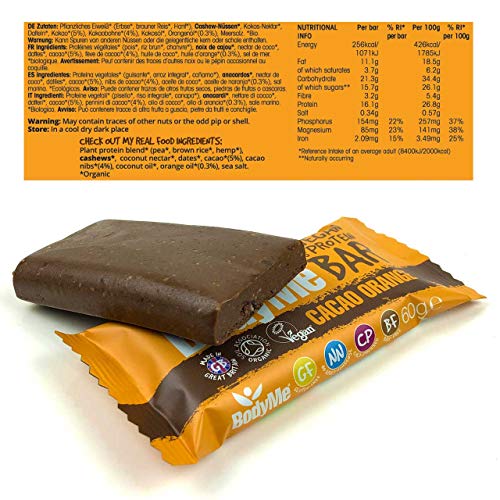 BodyMe Barritas Proteinas Veganas Organica | Crudo Cacao Naranja | 12 x 60g Barra Proteina Vegana | Sin Gluten | 16g Proteína Completa | 3 Proteina Vegetal | Aminoacidos Esenciales | Vegan Protein Bar