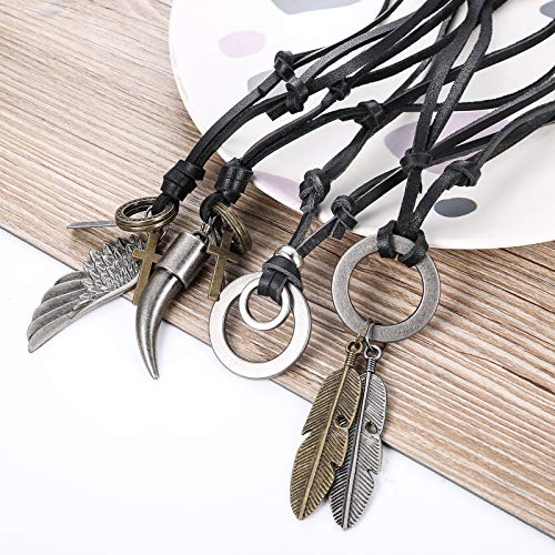 CASSIECA 3-4 PCS Collar de Cuero para Hombres Vintage ala de Angel Collar Colgante Pluma Collar Ajustable