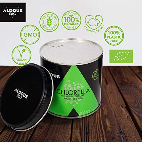 Chlorella Ecológica Premium para 165 días - 500 comprimidos de 500mg - Pared celular rota - Vegano - Libre de Plástico - Certificación Ecológica Oficial