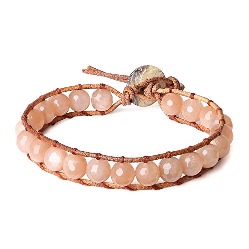 COAI® Pulsera Ajustable Hecha a Mano de Piedra del Sol Cuenta Mala con Cuero