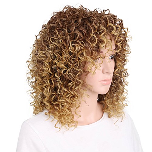 ColorfulPanda Afro Pelucas de pelo negra rizado y rizado para mujer negra, pelo natural rubio mixto marrón pelucas brasileña sintéticas onduladas con Flequillo de Para Mujeres Fiesta Halloween Disfraz