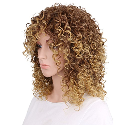 ColorfulPanda Afro Pelucas de pelo negra rizado y rizado para mujer negra, pelo natural rubio mixto marrón pelucas brasileña sintéticas onduladas con Flequillo de Para Mujeres Fiesta Halloween Disfraz