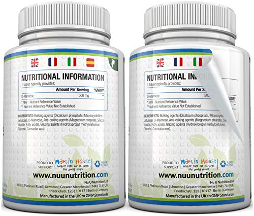 Comprimidos de D-Manosa de 500mg | 120 comprimidos | Alta Potencia | Libre de Alérgenos y Apto para Vegetarianos y Veganos | No Son Cápsulas Ni Polvo de D-Manosa
