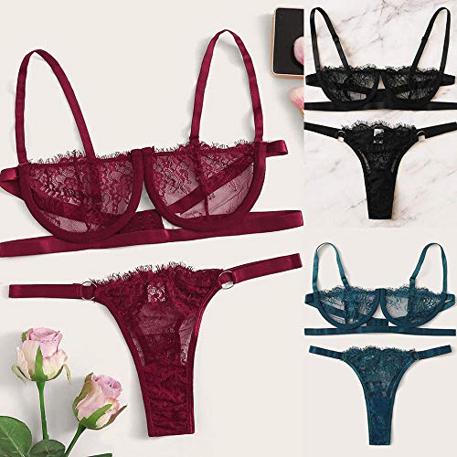 Conjunto de Ropa Interior Femenina sexyLencería Sexy Lencería Femenina Corsé Encaje con Aros Racy Ropa de Dormir Ropa Interior Tops + Calzoncillos-Rouge_L