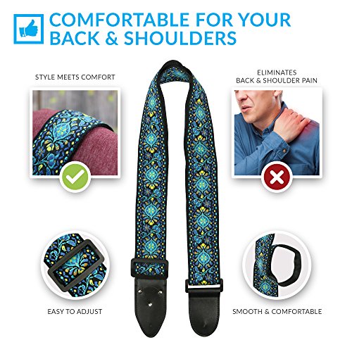 Correa de guitarra de estilo folk – Pack de colgador de guitarra de tejido jacquard con 2 cierres para correas y 2 púas – Correa para bajo, guitarra eléctrica y acústica con bolsillo para púas