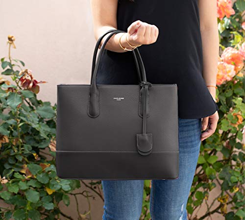 David Jones - Bolso de Mano Grande Mujer - Shopper Tote Bag Señora Trabajo Negocios Cuero Genuino PU - Bolsos Hombro Bandolera Piel Múltiples Bolsillos - Maletín Satchel Oficina Elegante - Negro
