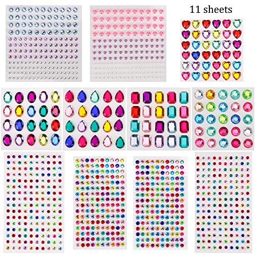 Diamantes Autoadhesivas Brillantes Pegatinas de Cristalino de Imitación para Niños DIY, Adhesivas de Gemas para Tarjetas de Artesanía Scrapbook (11 Hojas/ 1105 piezas)