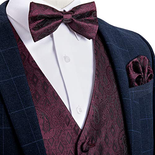 DiBanGu Chaleco de cachemira y corbata de lazo cuadrado con bolsillo y gemelos para esmoquin Rojo granate XL