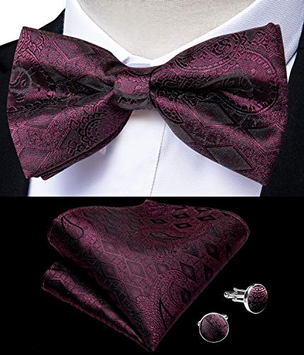 DiBanGu Chaleco de cachemira y corbata de lazo cuadrado con bolsillo y gemelos para esmoquin Rojo granate XL