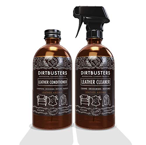Dirtbusters Limpiador Solución Hidratador de Cuero Revitalizante, pH Neutro. Nutre, protege y Desodoriza Ropa de Piel y Interiores de Coche. Aroma a Cuero. 2x500ml: 1 Acondicionador y 1 Limpiador.
